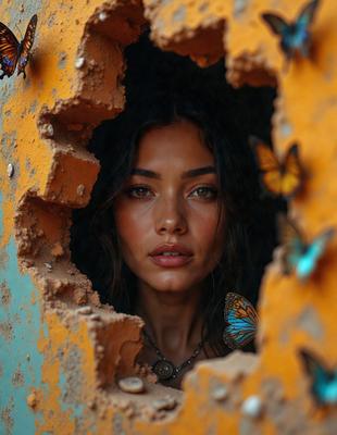 The primary subject of the image is a woman with long hair, who is peeking out from behind a brick wall. The setting is an outdoor environment, with a brick wall and a backdrop of butterflies. The visual style is a photo, capturing the woman's expression and the surrounding environment. The colors and mood of the image are warm and inviting, with the woman's hair and the butterflies adding a touch of natural beauty to the scene.